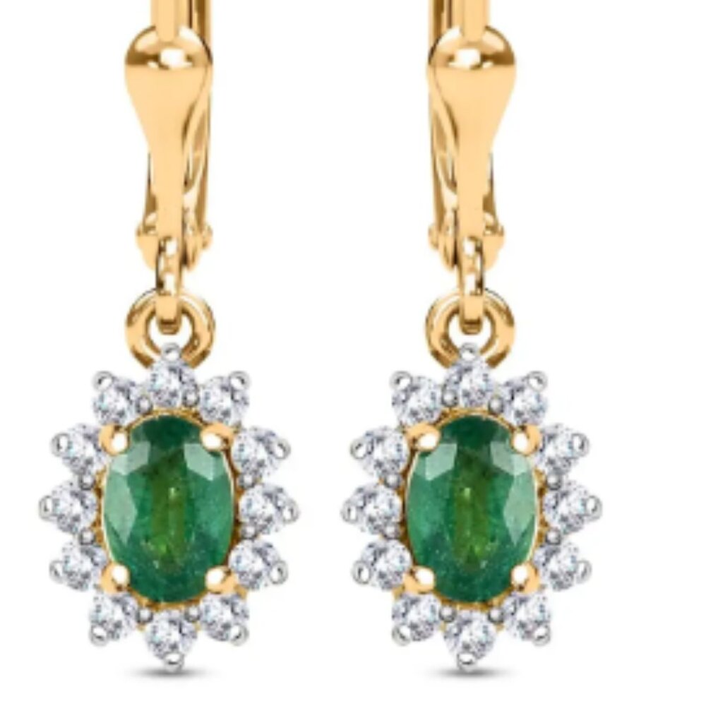 Genuine Kagem Zambian Emerald and White Zircon Sunburst Lever Back Earrings - Picture 3 of 3